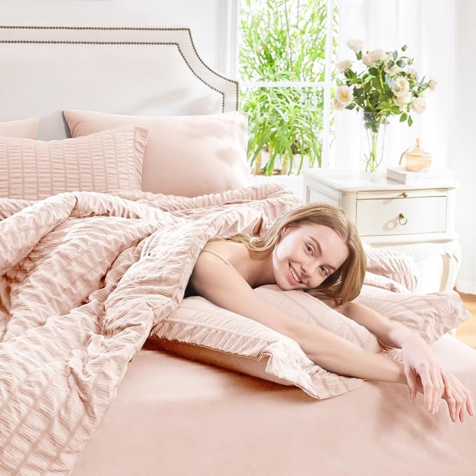 CozyLux King Size Comforter Set Blush Pink Seersucker 7 Pieces Bed in a Bag King Comforter Set with Sheets, Luxury Soft Bedding Sets with Down Alternative Comforter, Sheets, Pillowcases & Shams