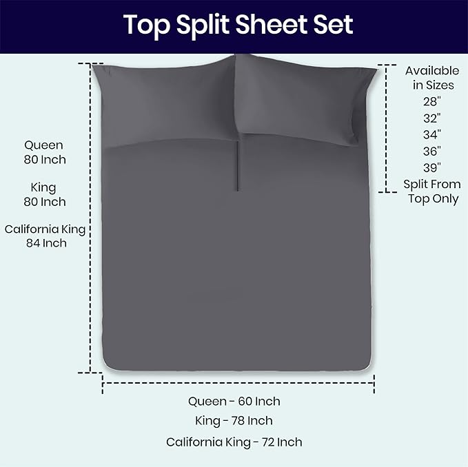 SGI bedding 39" King Split Top Flex Head Sheet 100% Egyptian Cotton Sheet Set 1000 Thread Count Flex Top Sheet for Adjustable Bed 4Pc Sheet Set 15" Deep Pocket for Sleep Number Bed - Dark Gray