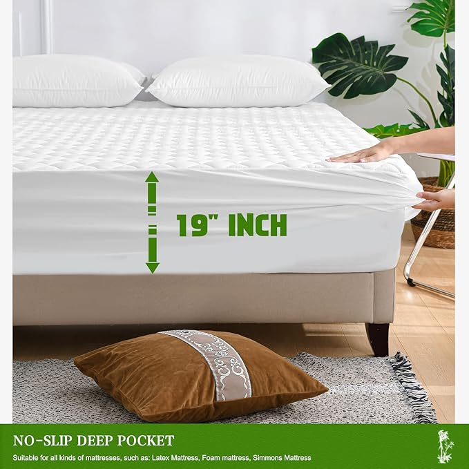 UNILIBRA Twin Mattress Pad Waterproof Rayon Made from Bamboo, Fitted Deep Pocket Mattress Cover fits 6''-19'', Breathable Quilted Mattress Protector, White