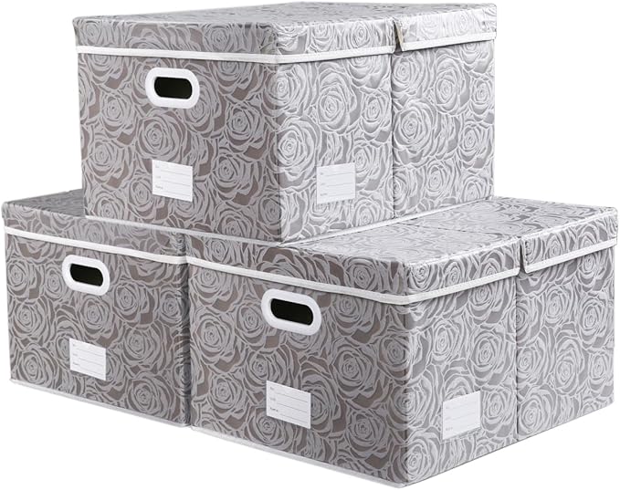 PRANDOM Jumbo Collapsible Storage Boxes with Lids Fabric Decorative Storage Bins Cubes Organizer Baskets with Cover Handles Divider for Bedroom Closet Living Room 23.2x15.7x11.8 Inch 3 Pack