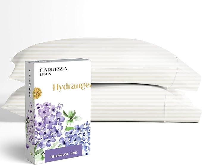 Carressa Linen 100% Egyptian Cotton Pillow Cases Queen Size Set of 2 - Luxury 600 Series Hydrangeas Collection Damask Standard/Queen Size Pillowcases (Ivory Stripe), Soft, Cooling Hotel Quality