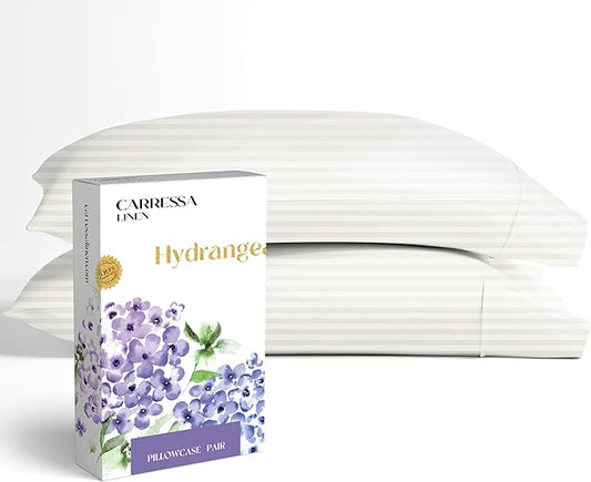Carressa Linen 100% Egyptian Cotton King Size Pillow Cases Set of 2 - Luxury 600 Series Hydrangeas Collection Damask King Pillowcases (Ivory Stripe), Soft, Cooling Breathable Sateen Hotel Quality