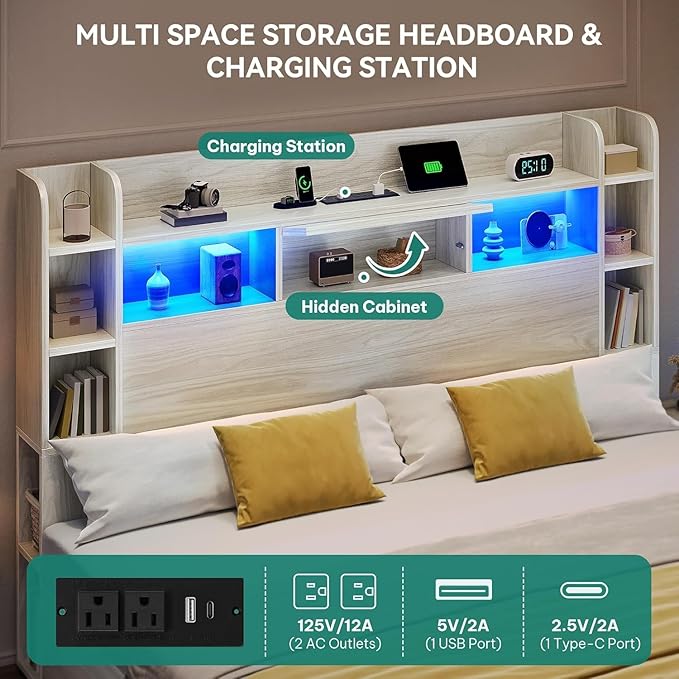 DWVO King Size Bed Frame with Bookcase Headboard and 4 Storage Drawers, RGB LED Bed Frame with Type-C & USB Charging Station Storage Headboard Bed, No Box Spring Needed, Noise Free, Wooden White