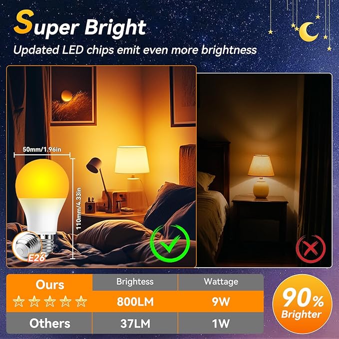 Neporal 1800K Amber Sleep Light Bulbs 2PK, 99.96% Blue Blocking Soft Warm Light Bulbs,9W 60 Watt Equivalent, A19 Amber Night Light E26 for Bedroom and Baby Nursery Light