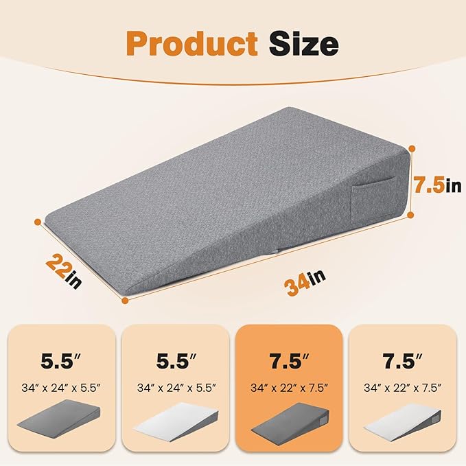 Vekkia 34" Extra-Long Wedge Pillow, Back & Arm Support, Bed Wedge Pillow for Sleeping After Surgery, Acid Reflux, Snoring Relief, Removable Washable Cover & Double Side Pockets, 7.5" Height, Gray