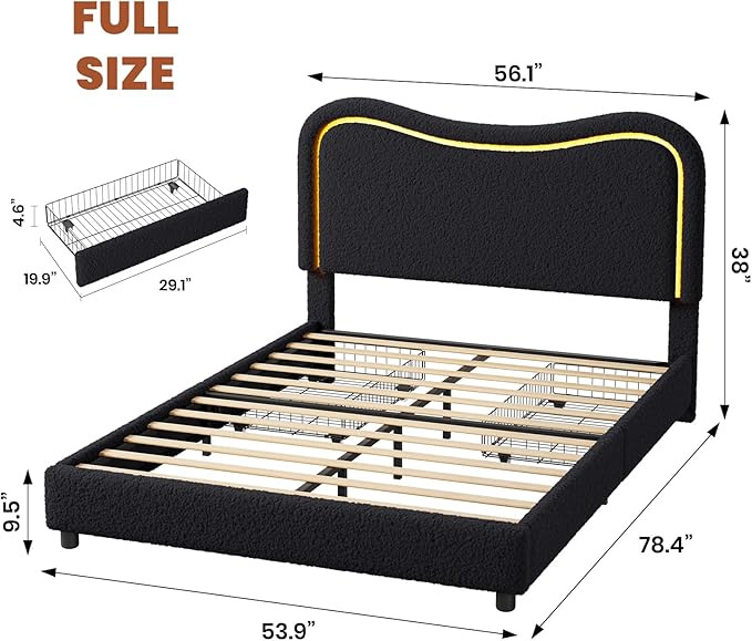 GarveeHome LED Full Size Bed Frame with 2 Drawers and Headboard, Cute Upholstered Bed with Storage, Sturdy Platform Bed, No Box Spring Needed, Wooden Slats, Noise Free, Black