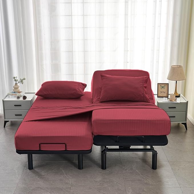 Kingnex Striped Split California King Sheets Sets for Adjustable Bed with Deep Pocket 5 Pieces Include 2 Cali Twin XL Fitted Sheets 1 Flat Sheet 2 King Size Pillowcases Burgundy