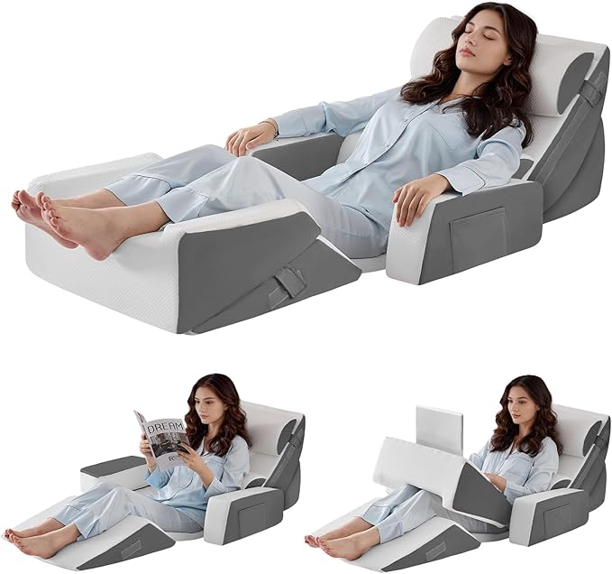 Yojoker 9PCS Orthopedic Bed Wedge Pillow Set for Sleeping, Back and Leg Pain Relief, Post Surgery Foam Pillow for Body, Triangle Adjustable Support Pillow - Acid Reflux Sleeping Pillows Grey