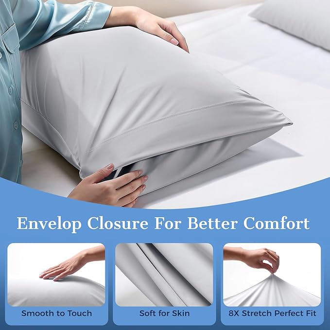 Cooling Pillow Cases 2 Pack King Size Cooling Pillowcases for Hot Sleeper Q-Max>0.5, Hydrates Skin & Hair, Reduces Wrinkles & Frizz, Soft Smooth Silky Pillowcases Envelope Set of 2, Grey