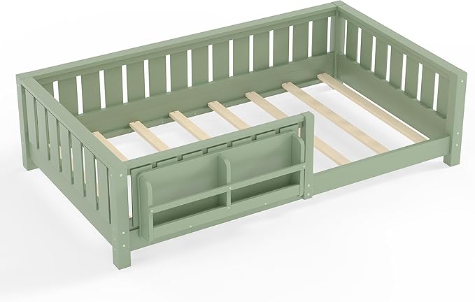 Bellemave Twin Floor Bed Frame with Fence & Bookshelf, Solid Pine Wood Twin Montessori Floor Bed with Slats Load 250LBS, Low Profile Floor Bed for Kids, Bedroom, Nursery, Easy Assembly, Green