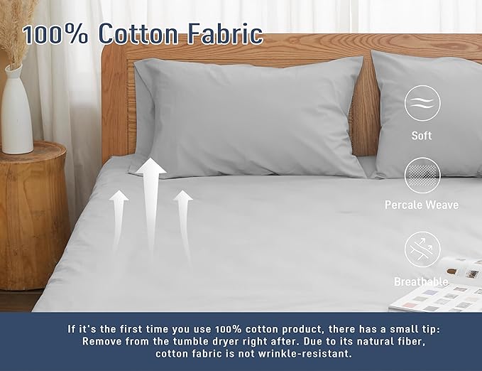 Pillow Cases, Standard Queen Size Cotton Percale Weave Pillowcases, Pre-Shrunk Breathable and Hypoallergenic Pillowcases, Set of 2 (2 Piece Standard/Queen 20 Inch x 30 Inch, Light Gray)