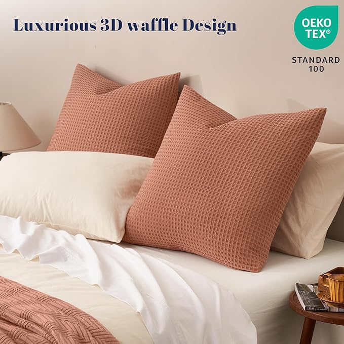PHF Ultra Soft Waffle Weave Euro Shams Pillow Covers, No Filling, 2 Pack 26" x 26" Bed Cushion Covers, Breathable & Skin-Friendly Bed Pillow Shams for Stylish Home Decor, Burnt Umber