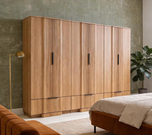 Brafab 67" Fluted Armoire Wardrobe Closet with Drawers and Doors, Wooden Wardrobe Cabinet with Adjustable Shelves, Modern Storage for Clothes, Dream Wardrobe Wall for Bedroom, Natural (3 pcs)