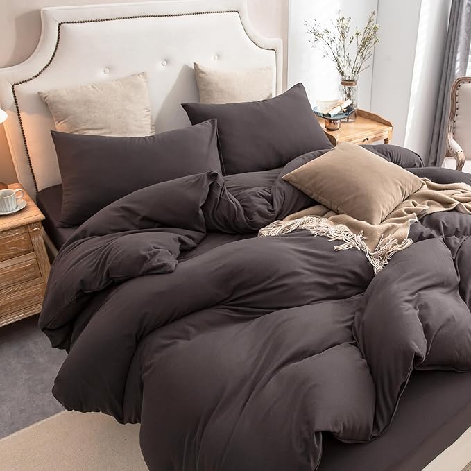 PURE ERA Jersey Knit Duvet Cover Set 100% T-Shirt Cotton Super Soft Comfy 3pc Bedding Set with Zipper Closure (Solid Dark Brown, King)