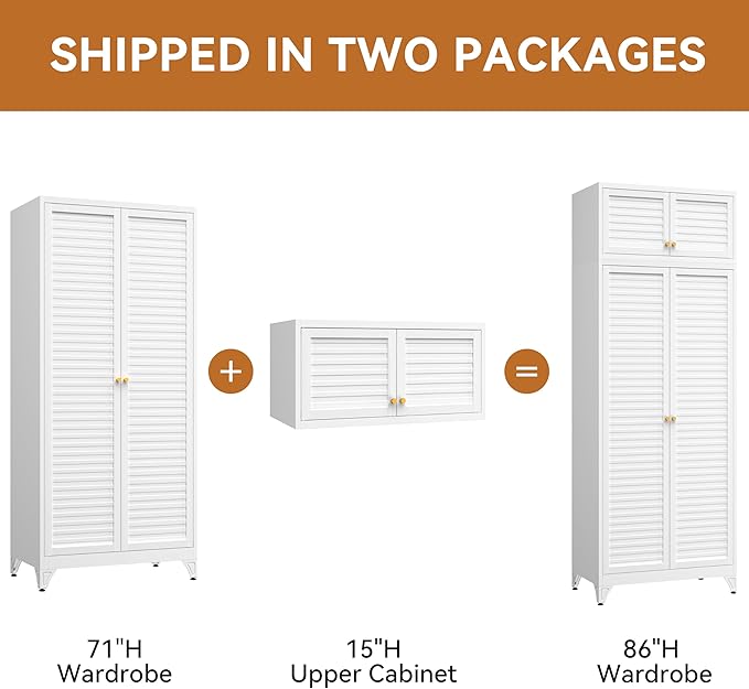 Polup Metal Armoire Wardrobe Closet, 86" Tall Wardrobe Armoire with Hanging Rod, Almirah for Clothes with Doors, 18" D x 32" W x 86" H, White, Assemble Required, Shipped in Two Packages