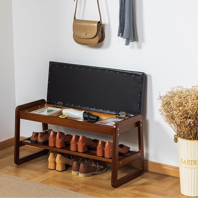 SOBIBO Shoe Bench with Storage - 2-Tier Entryway Bench, Solid Wood Shoe Rack with Cushion & Flip-Open Box, Mid-Century Modern for Hallway, Mudroom, Bedroom (Black, 31.5'')