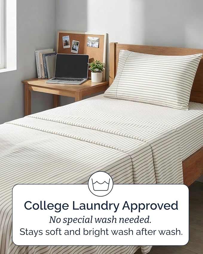 Twin XL Size 3 Piece Sheet Set - Comfy Breathable & Cooling Sheets - Hotel Luxury Bed Sheets for Women & Men - Deep Pockets, Easy-Fit, Soft & Wrinkle Free Sheets - Beige Stripes Oeko-Tex Bed Sheet Set