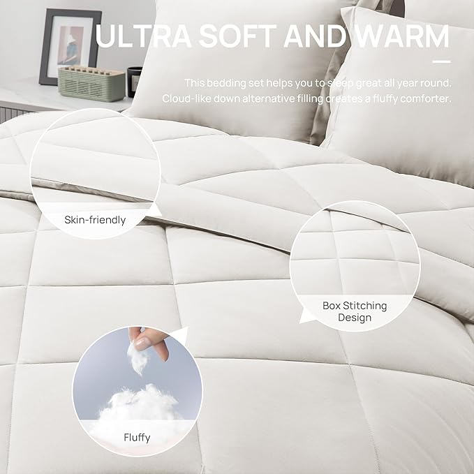 Love's cabin Queen Comforter Set Off White, 7 Pieces Queen Bed in a Bag, All Season Bedding Sets with 1 Comforter, 1 Flat Sheet, 1 Fitted Sheet, 2 Pillowcase and 2 Pillow Sham | Soft, Breathable, Lightweight, Comfortable