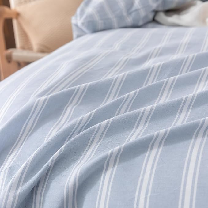 BESTOUCH Duvet Cover Set 100% Washed Cotton Linen Feel Super Soft Comfortable Chic Lightweight 3 PCs Home Bedding Set Cornflower Blue & White Stripes Queen