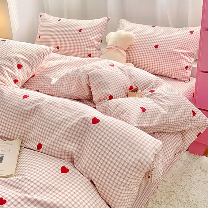 Nayoroom Gingham Duvet Cover Full Size Pink Plaid Red Heart Printed on White Bedding Set 3 Pcs Kids Girls Cute Heart-Shaped Comforter Cover with Zipper Closure Soft Breathable Microfiber