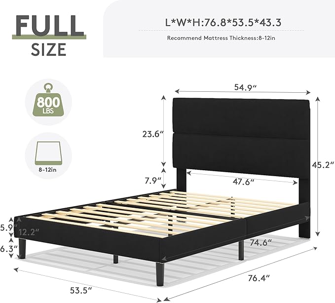 GRUSIGN Full Size Platform Bed Frame with Velvet Headboard, Adjustable Height Wooden Slats Support, Upholstered Mattress Foundation, Fits Mattress or Mattress with Box Spring, Easy Assembly, Black