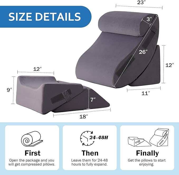 Ahpmeoa 5Pcs Wedge Pillow Set for After Surgery, Orthopedic Bed Wedge Pillow Set for Post Surgery, Acid Reflux Relief, Sleeping, Back Pain Relief, Adjustable Back Pillow for Bed Sitting up Grey Plush