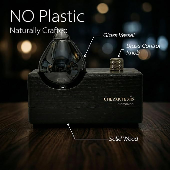 Black Obsidian Waterless Essential Oil Diffuser with Real Wood Base for Aromatherapy, Retro Smoky Glass Oil Diffuser, Cordless Portable Scent Diffuser Machine for Office Yoga Large Room, 2026 Model