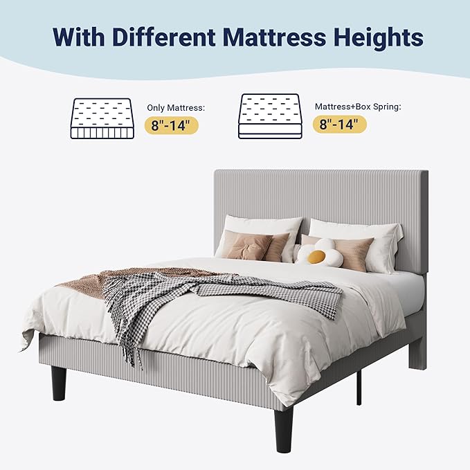 Allewie Queen Size Upholstered Bed Frame with Vertical Channel Tufted Headboard, Soft Corduroy Fabric Platform Bed, Strong Wooden Slats Support, Easy Assembly, No Box Spring Needed, Light Grey