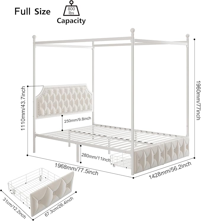 Keyluv Full Upholstered Canopy Bed Frame with 2 Drawers and Button Tufted Headboard, Metal Platform Bed with 4 Removable Posts, Two-Purpose Velvet Bed No Box Spring Needed, Beige/Curtains Not Included
