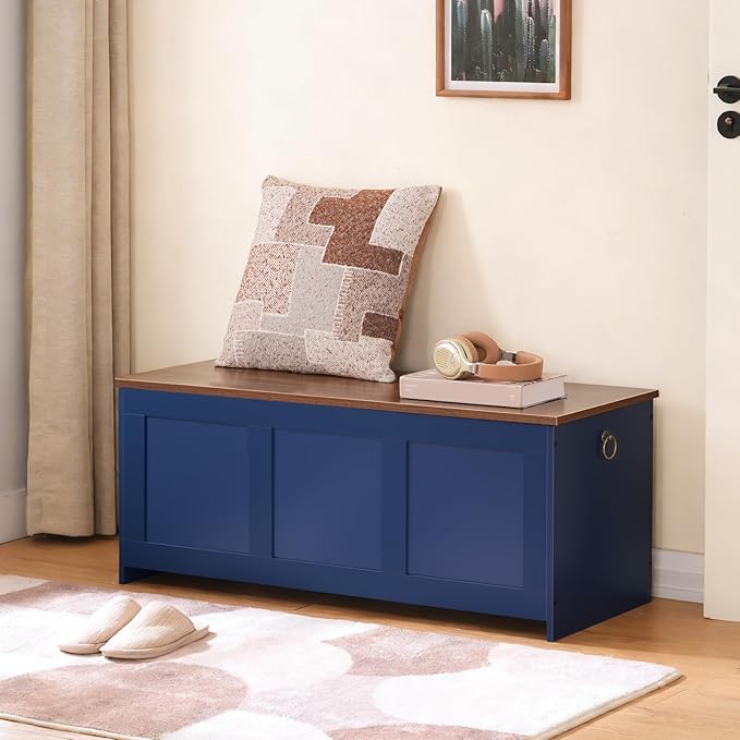 HOOBRO Storage Bench, 39.3" Retro Wooden Storage Chest, Wooden Storage Trunk, Toy Chest with Lift Top, Multifunctional Entryway Organizer, for Entryway, Living Room, Blue and Walnut UH141CW01G1