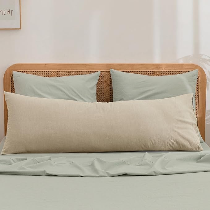 BESTOUCH 100% Washed Cotton Pillowcase for Hair and Skin Linen Feel Soft Comfortable Breathable 1 Pcs Pillow Case with Envelope Closure Solid Almond Milk Grey Body 20x54 Inches