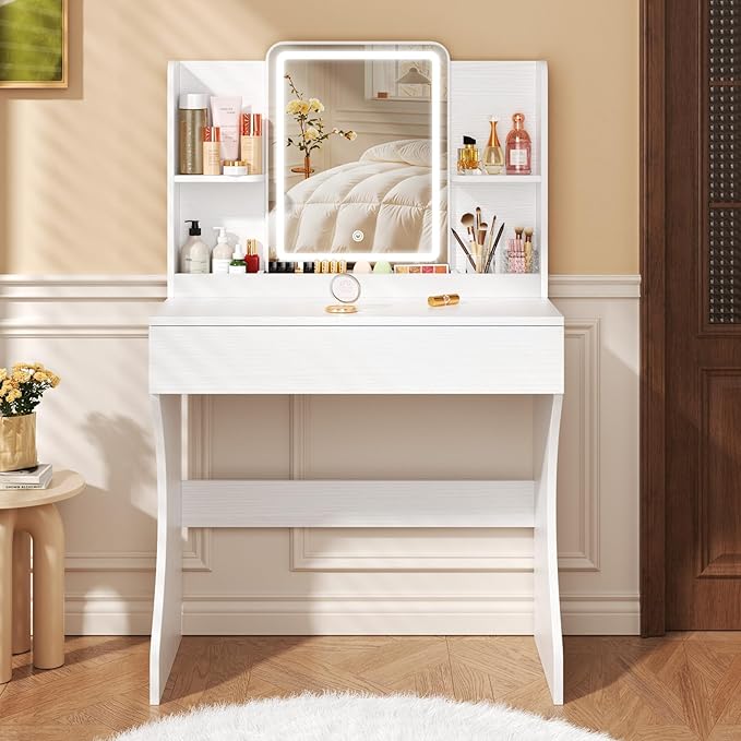 Small Vanity Desk with Mirror and Lights, Makeup Vanity with Storage Drawer, 2 Shelves and 3 Compartments - White