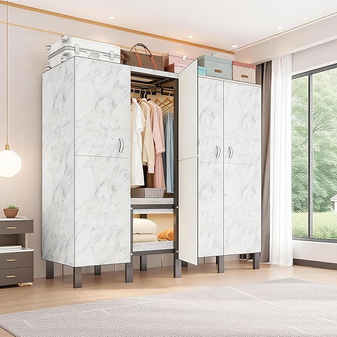 Freestanding Heavy Duty Wardrobe Closet with Magnetic Door, Portable Metal Closets, Foldable Wardrobecloset Organizers and Storage, for Bedrooms, Apartments, and Tenant (White, 33.4in)
