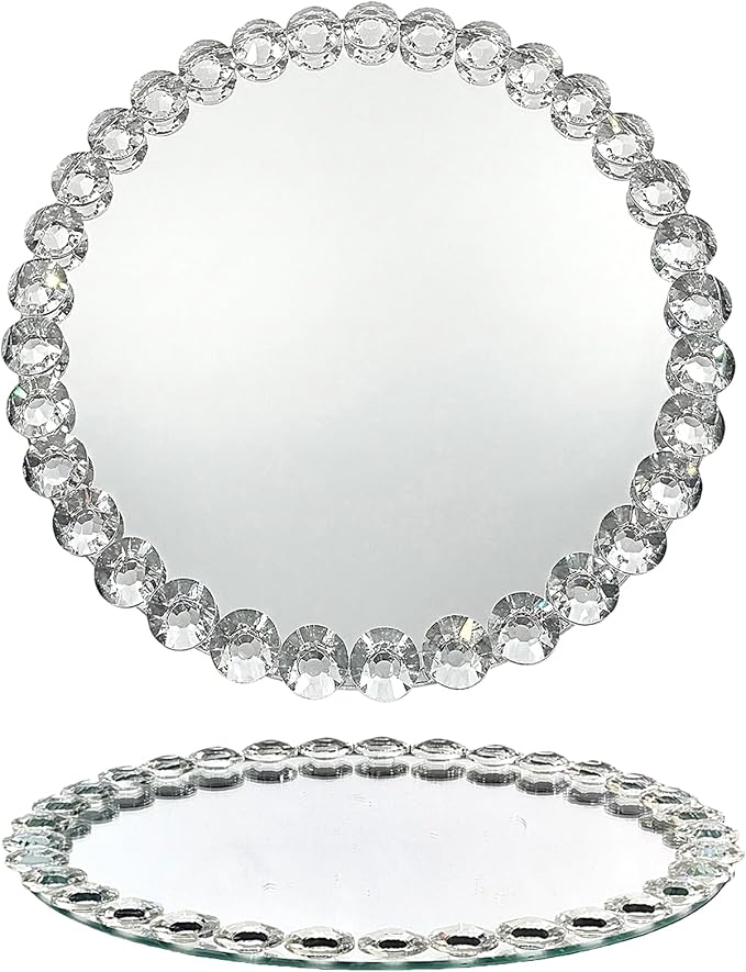 2-Pack Round Mirror Tray 12 Inch, Crystal Bead Vanity Tray, Mirrored Perfume Organizer Jewelry Display, Decorative Tray for Bathroom Dresser Coffee Table Hotel Banquet, Silver Home Decor