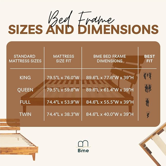 Bme Caden 15 Inch Bed Frame with Adjustable Headboard - Mid Century, Retro Style with Acacia Wood - No Box Spring Needed - 12 Strong Wood Slat Support - Easy Assembly - Caramel, Twin