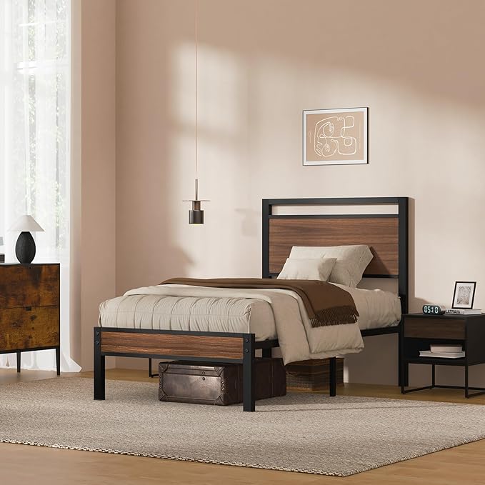 Z-hom Twin Metal Bed Frame with Wooden Headboard and Footboard, Heavy Duty Platform Frame with Mrtal Slats, No Box Spring Needed, Quiet and Non-Slip Design, Saving Space for Small Bedroom,Walnut