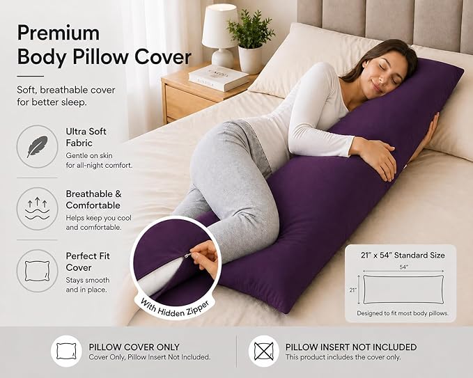 EVOLIVE Body Pillow Cover 21"x54", Ultra Soft Microfiber Pillowcase with Hidden Zipper, Breathable, Machine Washable, for Pregnancy & Side Sleepers, Cover Only (21"x54" Body Pillow Cover, Purple)