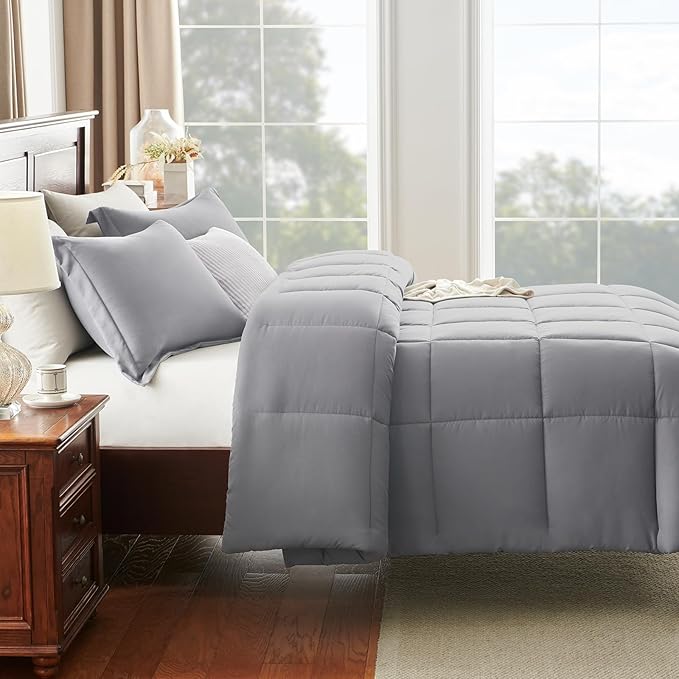 CozyLux Queen Comforter Set - 270GSM Grey Bedding Sets for All Seasons, 3 Pieces Box Stitched Bed Set with 1 Down Alternative Comforter and 2 Pillow Shams, Soft, Lightweight, Breathable