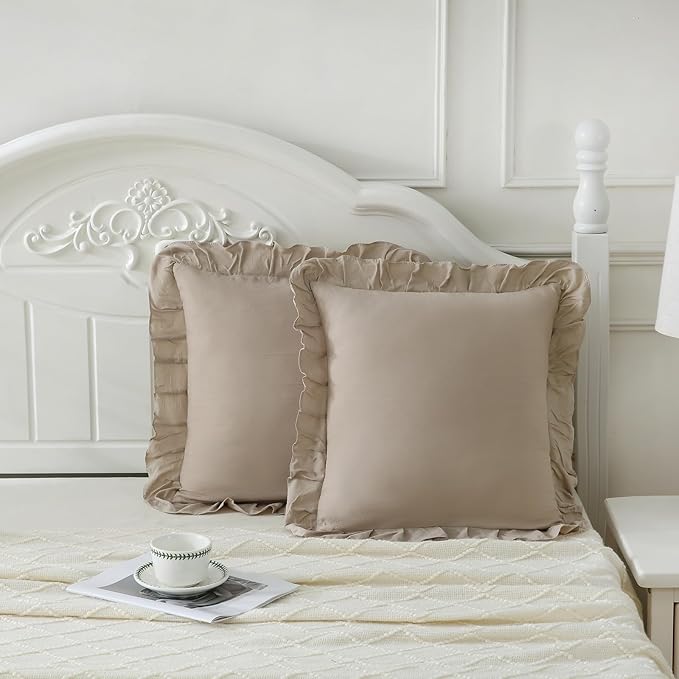 Merryword Taupe Pillowcases 18x18 Throw Pillow Covers Pack of 2 Soft Microfiber Ruffle Decorative Pillowcase Cushion for Couch Sofa Bedroom