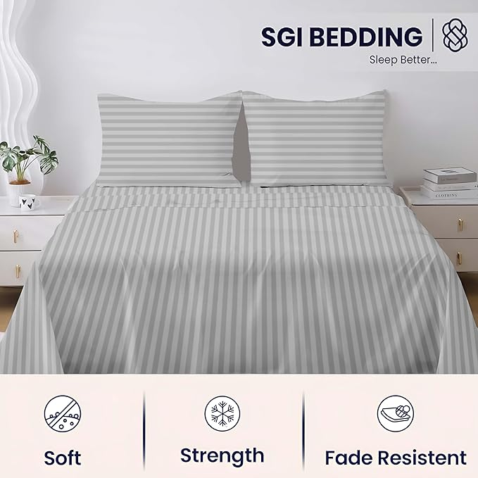 SGI bedding 100% Egyptian Cotton Sheets Twin XL Size – 600 Thread Count Sheets Set, Soft, Cooling, 15" Deep Pocket, Luxury Hotel Bedding, Breathable, Durable - Light Grey Stripe