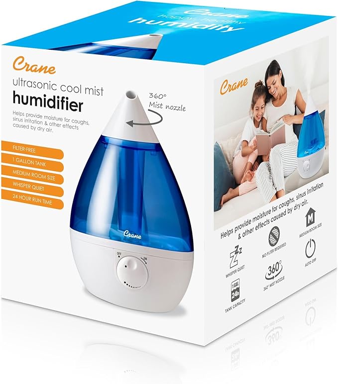 Crane Ultrasonic Cool Mist Humidifier for Bedroom, Baby Nursery, Kids Room, Plants, or Office, Large 1 Gallon Tank, Filter Optional, Blue and White