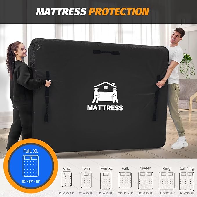 Mattress Bags for Moving, BETU Mattress Protector Waterproof Mattress Cover Storage Bags with 8 Heavy-Duty Handles and Zipper for Bed Extra Thick Large Reusable,82"x57"x15",Black