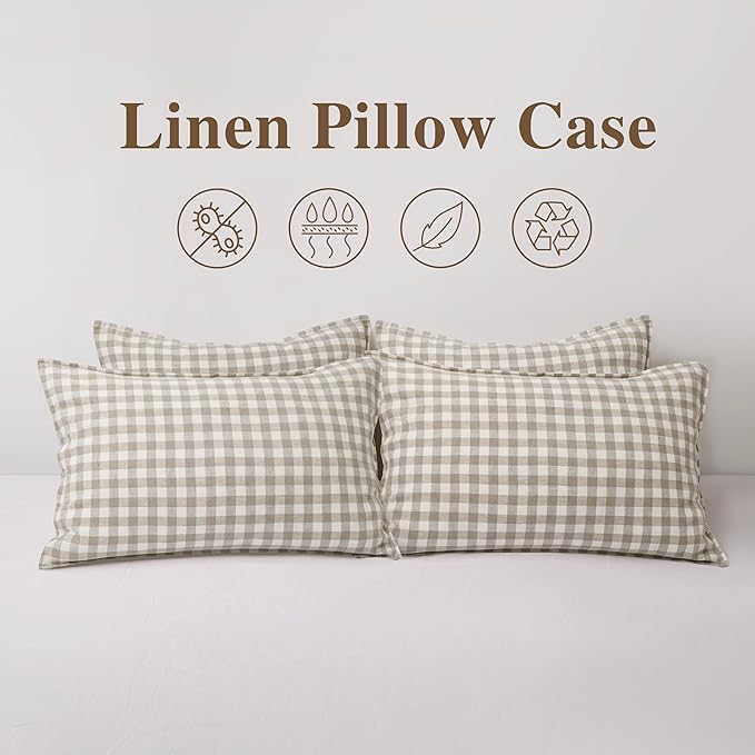 CHUFFED 100% French Linen Pillow Cases King Size Set of 2, Stone Washed Flax Pillow Covers with Zipper Closure - Breathable & Cooling for Hot Sleepers,20x36 Inches, Linen Plaid