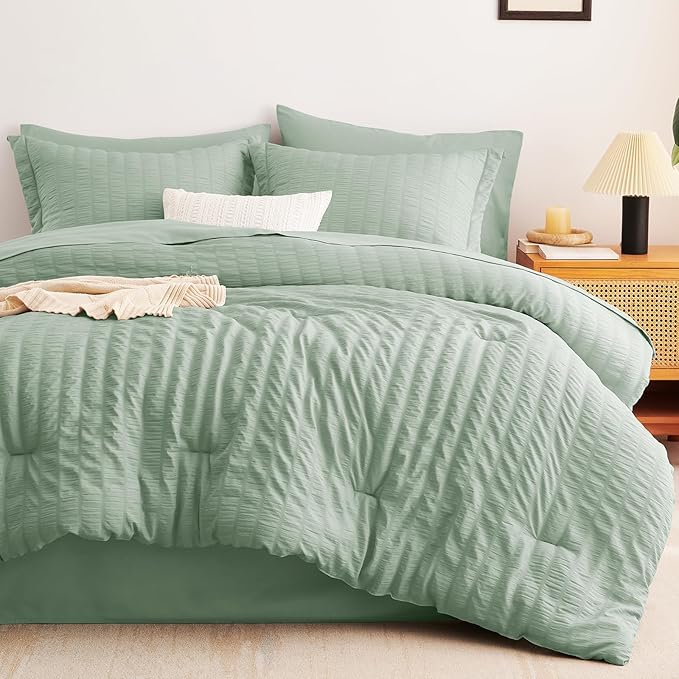CozyLux Full Size Comforter Sets with Sheets 7 Pieces, Sage Green Seersucker Bed in a Bag Textured Luxury Soft Bedding Sets with Down Alternative Comforter, Sheets, Pillowcases & Shams for All Seasons