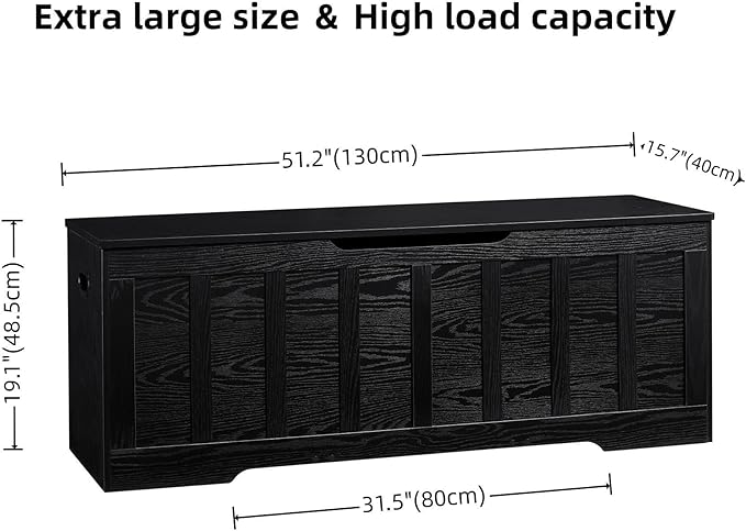 VANKILEY 51.2" Storage Chest Extra Large,Storage Bench with 2 Safety Hinges,Shoe Bench,51.2 * 15.7 * 19.1 inches,Wooden Trunk for Bedroom,livingroom,entryway,Supports 220 lb,Easy Assembly(Black).
