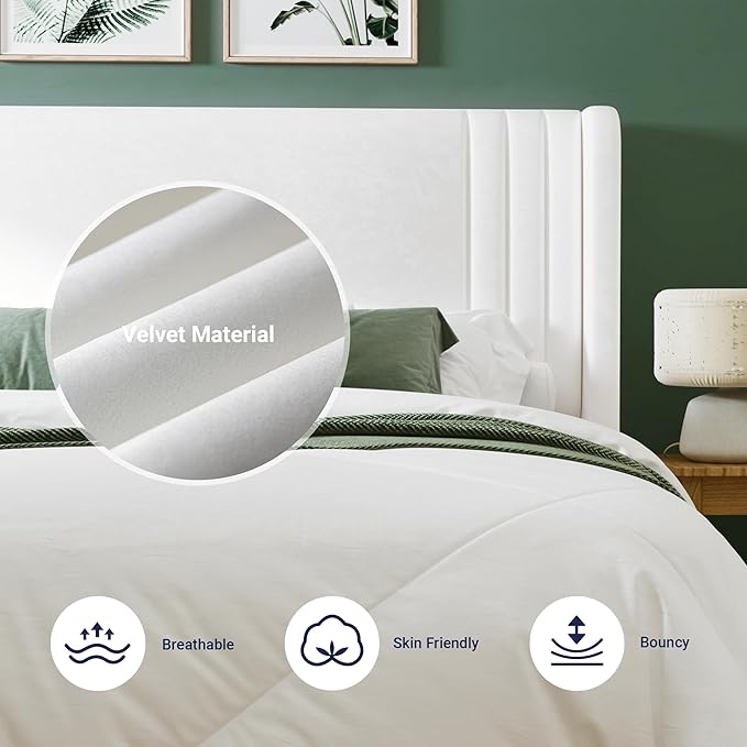 Allewie Queen Size Velvet Platform Bed Frame with Vertical Tufted Wingback Headboard, Easy Assembly, Under Bed Storage, No Box Spring Required, Modern Style, White