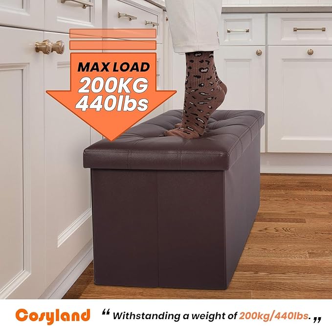 COSYLAND Ottoman Bench with Storage large-30x15x15in Folding Leather Ottoman, Rectangle Foot Stool Foldable Storage Chest Footrest Footstool Collapsible with Lid for Bedroom Living Room Brown