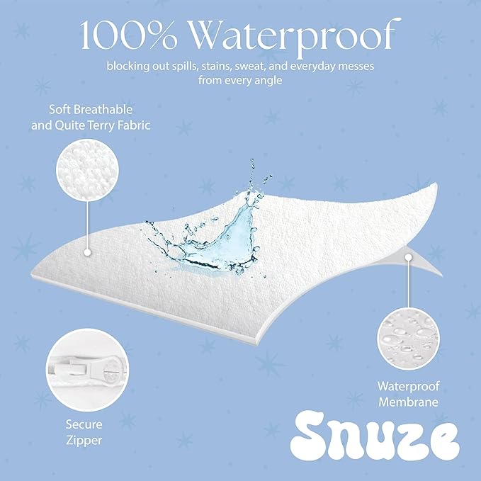 Snuze Terry Pillow Protector 2-Pack Standard/Queen Size (20” x 28”) Waterproof, Zippered, Machine Washable, Hypoallergenic Cover Spill Protection