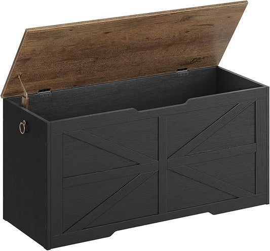 CHOEZON Storage Chest, 39.4" Wooden Storage Trunk, Modern Storage Bench with Safety Hinge, Toy Box, Farmhouse Style, for Bedroom, Living Room, Walnut and Black MCW10BL