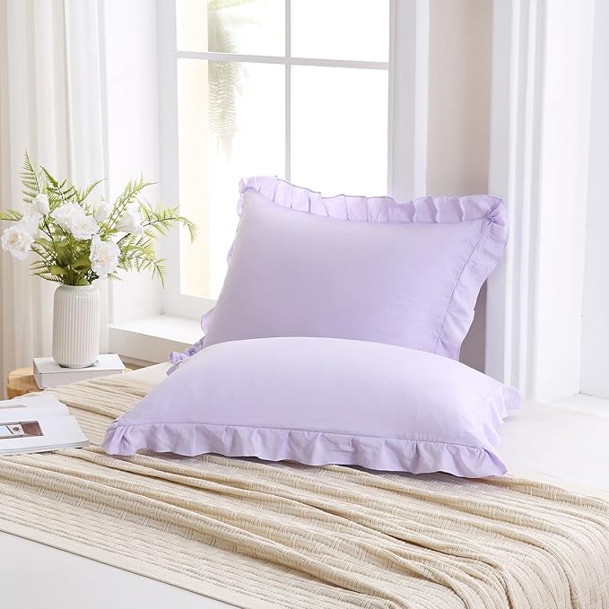 Merryword Lilac Purple Pillow Shams Soft Ruffle Standard Pillowcases Cute Pillow Cover Set of 2 Shabby Chic Soft Microfiber Pillowcases 2 Pack